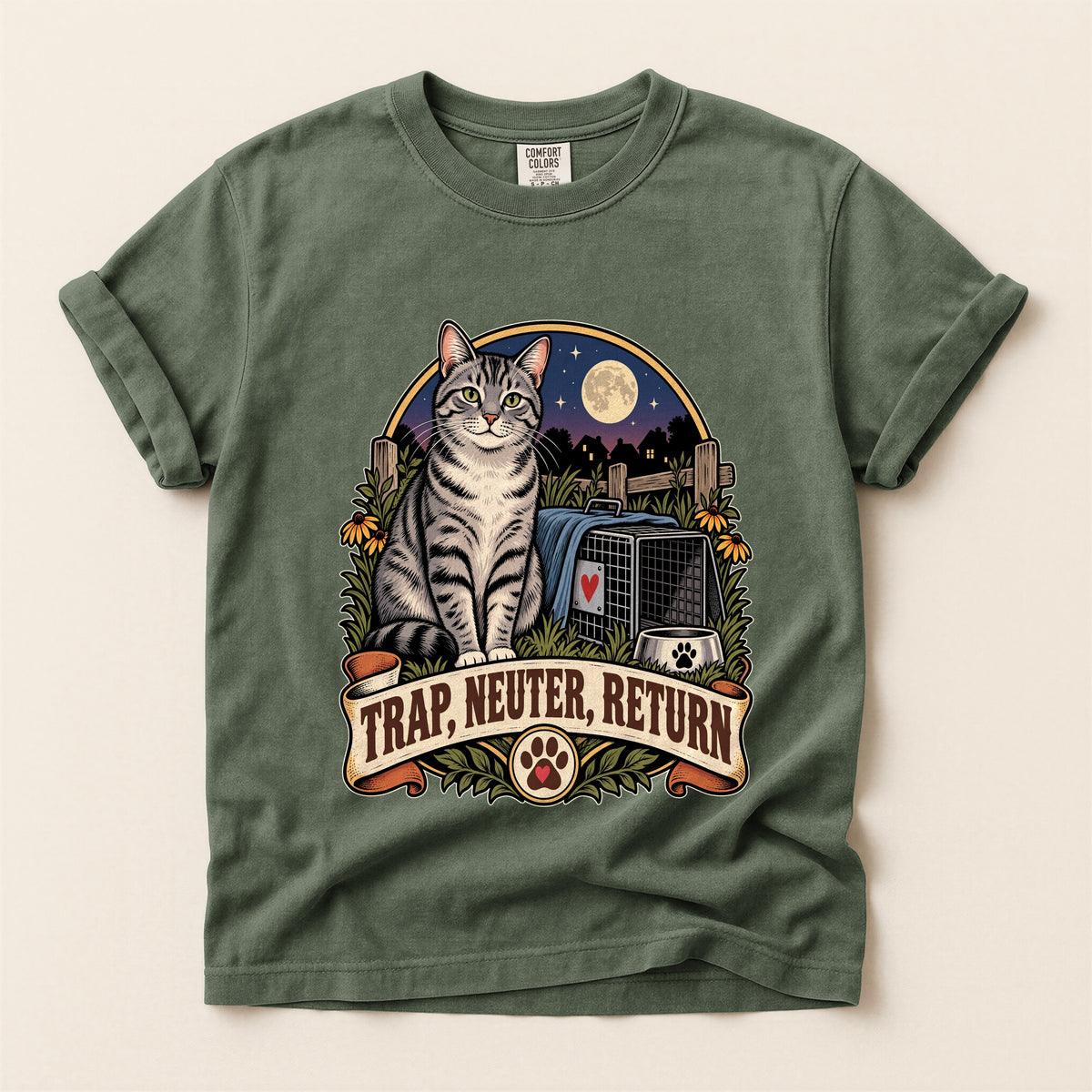 Trap, Neuter, Return graphic tee in Moss, flat lay