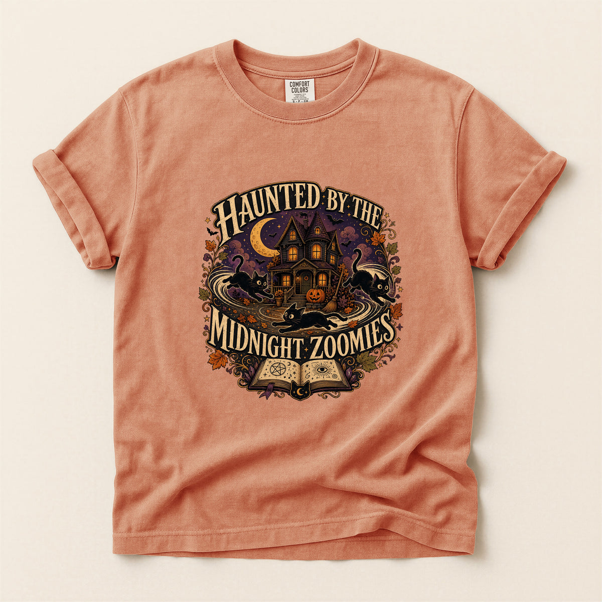 Haunted By The Midnight Zoomies graphic tee in Terracotta, folded flat lay